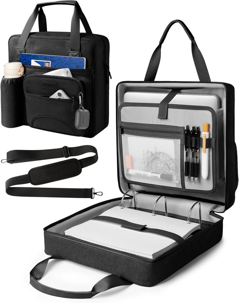 CarryWise Upgraded 3 Rings Zipper Binder Organizer 3 Inch Zippered Binders with Strap Large Zip Up Portfolio Folder Bag with 9 Pockets Laptop Compartment for Office Travel, Black - Image 1